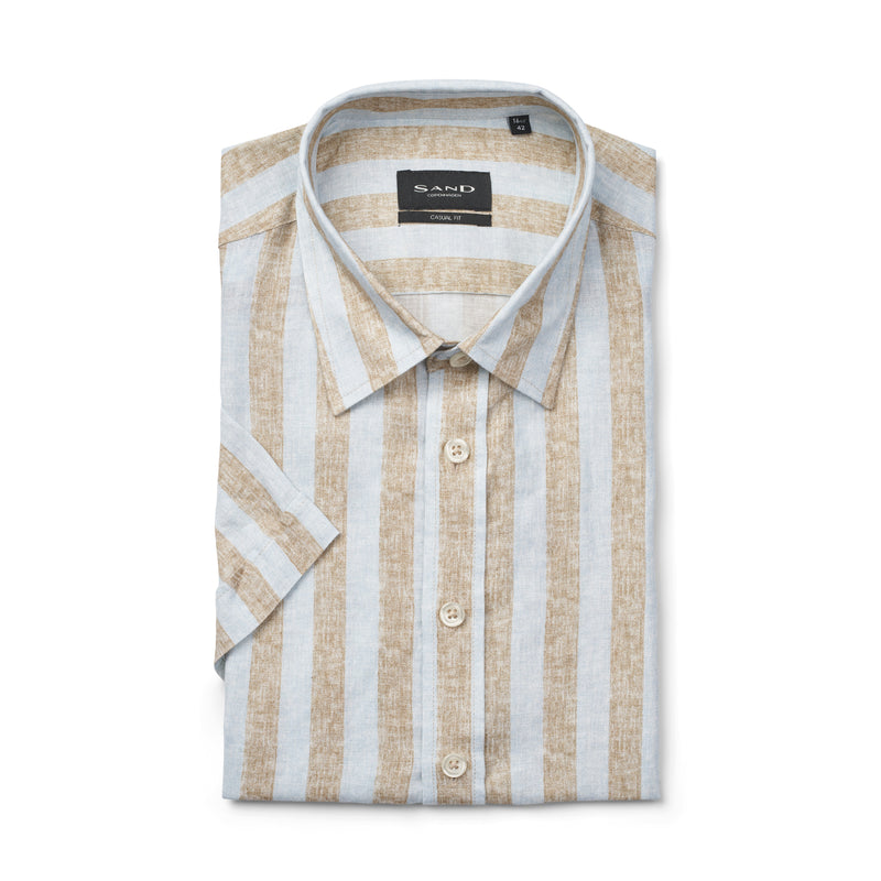 Pure Linen Striped Short Sleeve Shirt - Blue