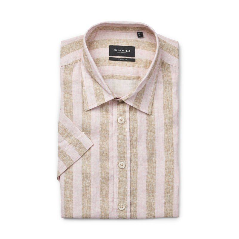 Pure Linen Striped Short Sleeve Shirt - Pink