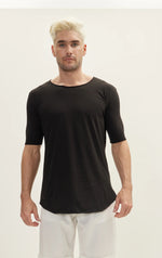 Wide Neck Curved Hem T-Shirt - Black