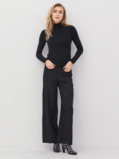 Fitted Turtleneck Top with Ruffled Edges - Black