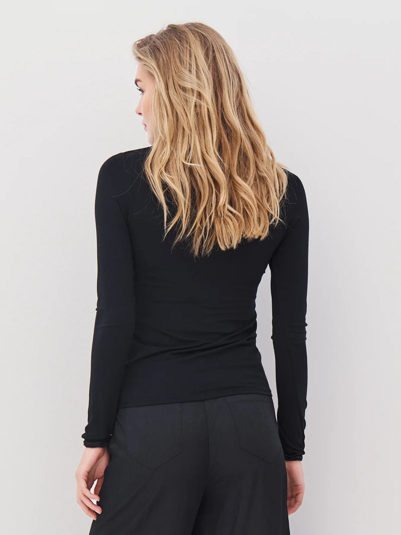 Fitted Turtleneck Top with Ruffled Edges - Black