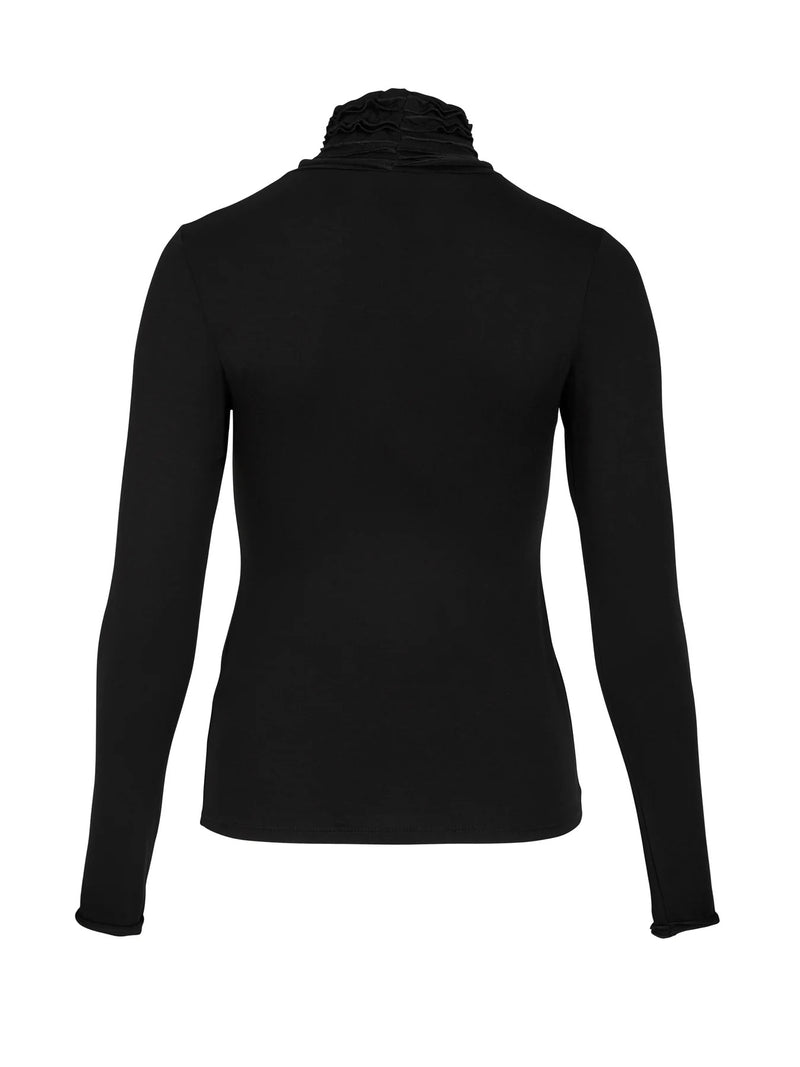 Fitted Turtleneck Top with Ruffled Edges - Black