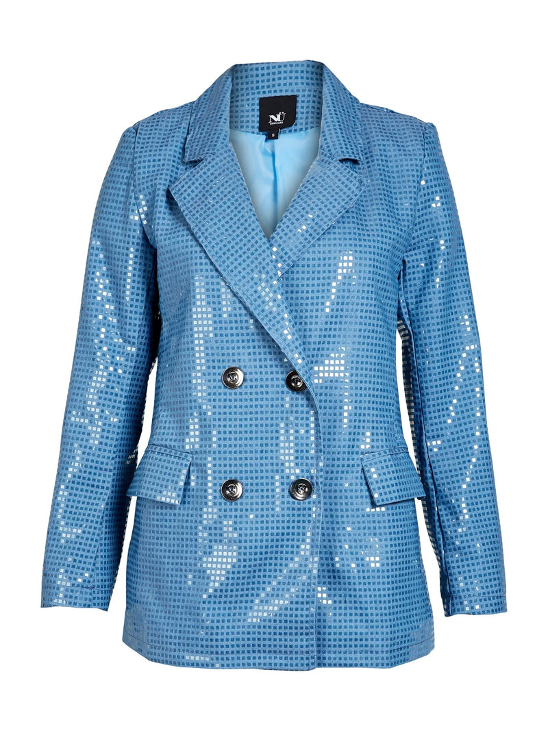 Double Breasted Patterned Blazer - Blue