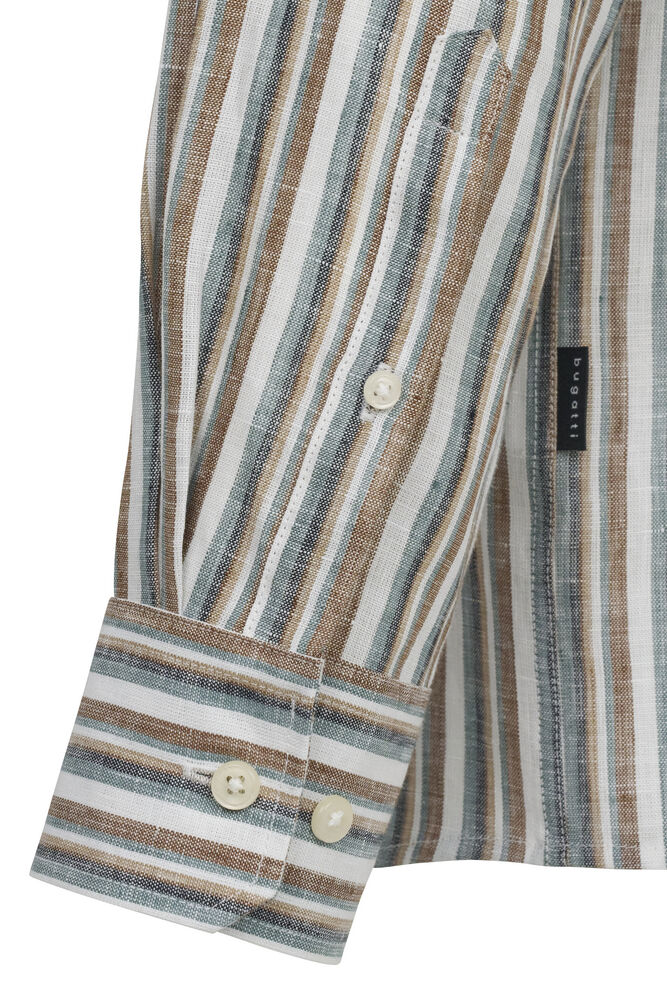 Striped Linen Long Sleeve Shirt - Olive