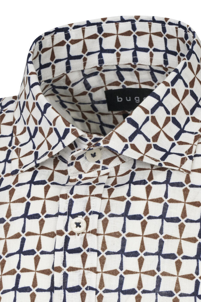 Geometric Print Linen Shirt - Off White