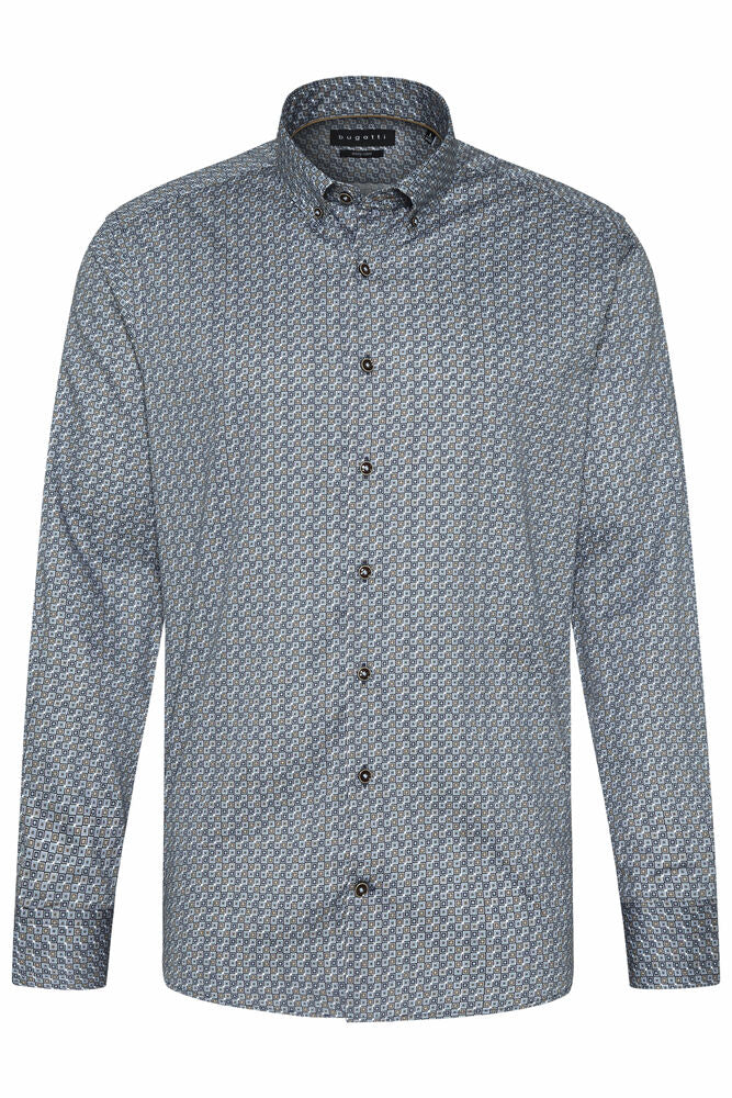 Square Printed Cotton Twill Long Sleeve Shirt - Navy