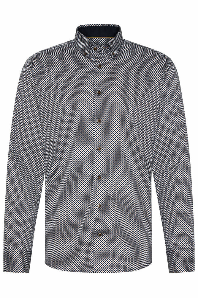 Printed Cotton Twill Long Sleeve Shirt - Navy/Beige