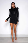 Long Sleeve Sequin Mini with Feather Trim - Black