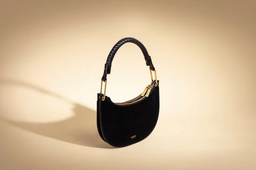 Leather Braided Handle Suede Halfmoon Bag - Black