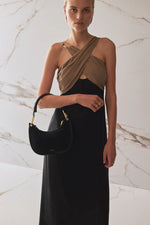 Leather Braided Handle Suede Halfmoon Bag - Black