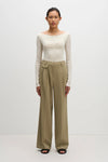 High Rise Tailored Wide Leg Pants - Moss Green