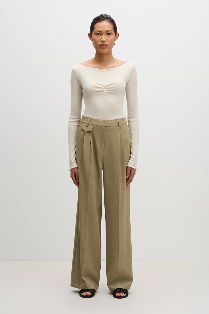 High Rise Tailored Wide Leg Pants - Moss Green