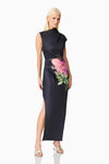 Asymmetrical Floral Gown - Black