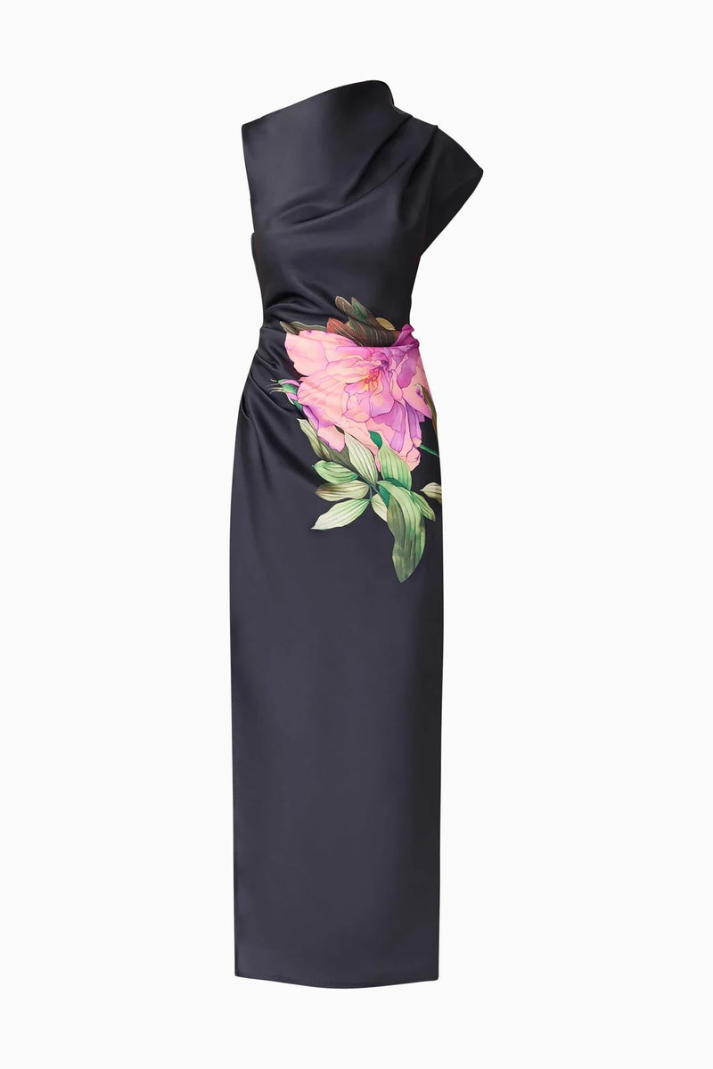 Asymmetrical Floral Gown - Black