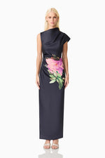 Asymmetrical Floral Gown - Black