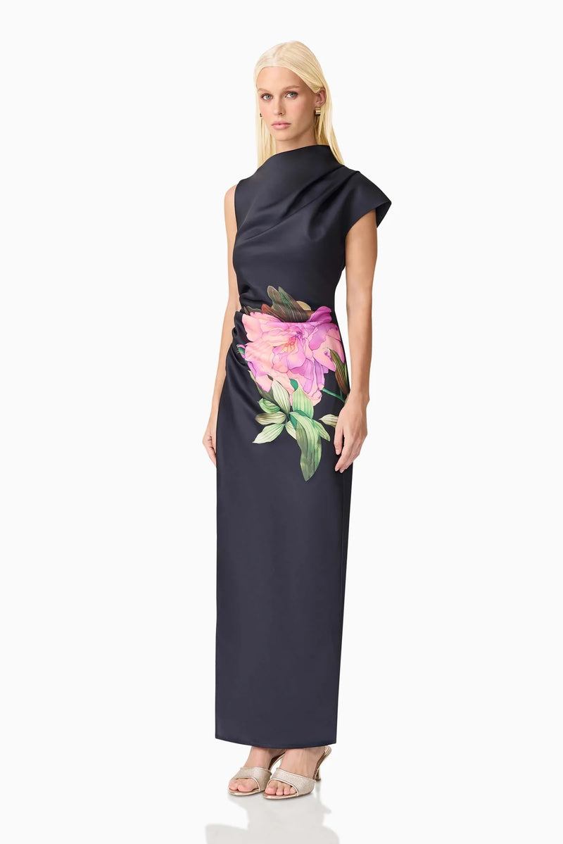 Asymmetrical Floral Gown - Black