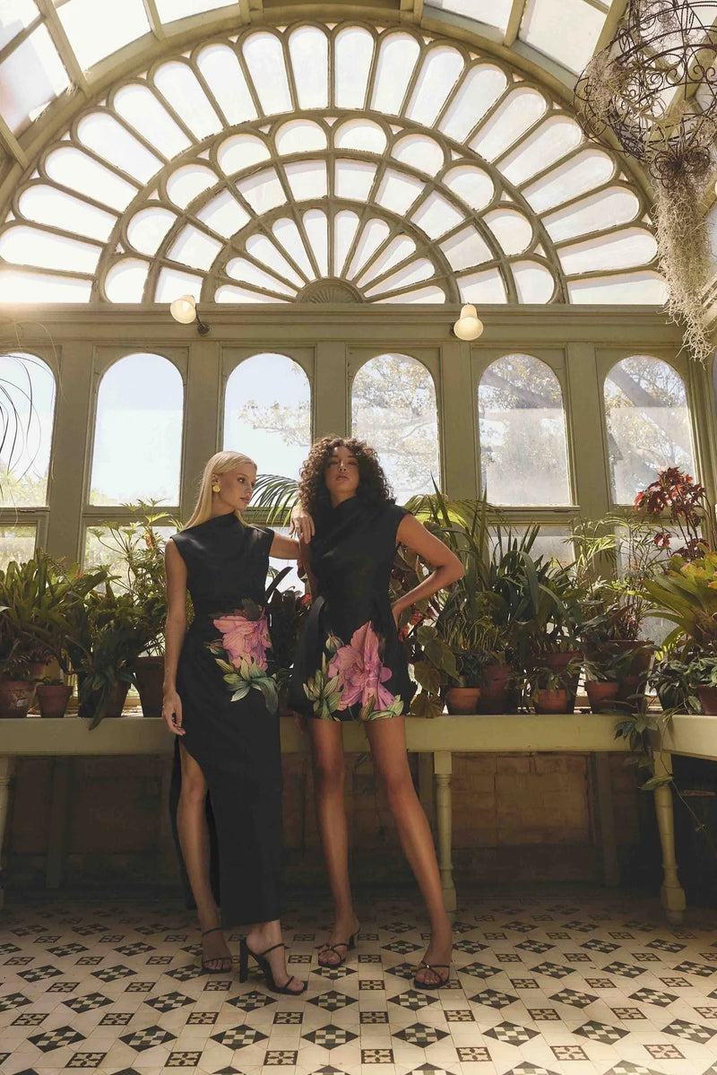 Asymmetrical Floral Gown - Black