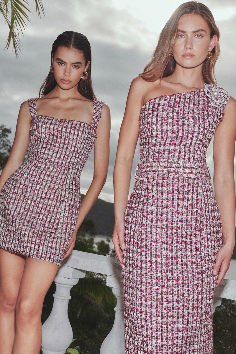 Embellished Tweed Single Shoulder Midi - Berry Mix