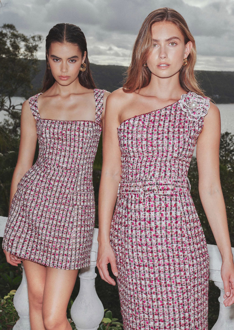 Embellished Tweed Single Shoulder Midi - Berry Mix