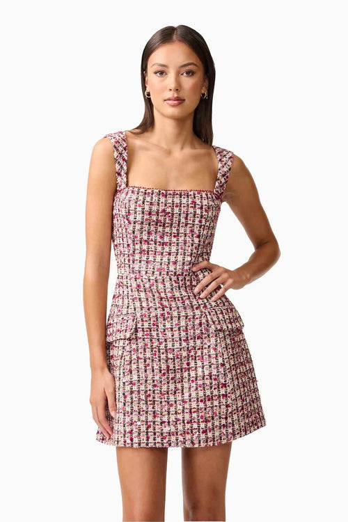 Embellished Tweed Square Neck Mini - Berry Mix