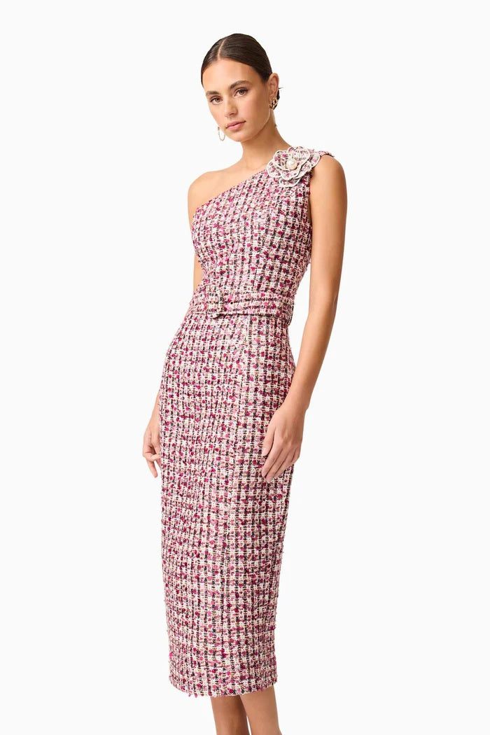 Embellished Tweed Single Shoulder Midi - Berry Mix