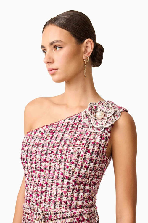 Embellished Tweed Single Shoulder Midi - Berry Mix