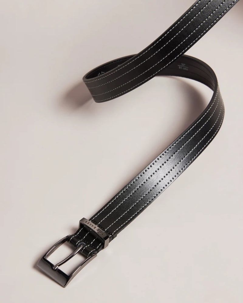 Stitch Detail Leather Belt - Black