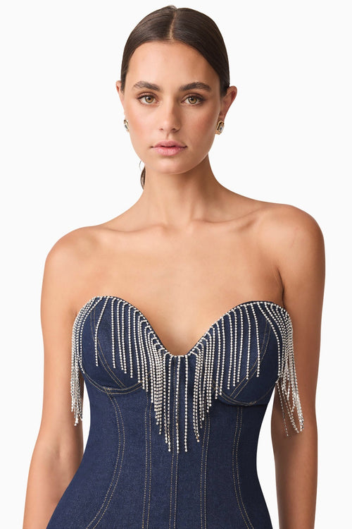 Strapless Embellished Fringe Denim Mini - Blue