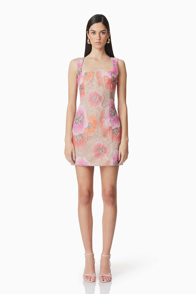 Beaded Floral Mini Dress - Multi