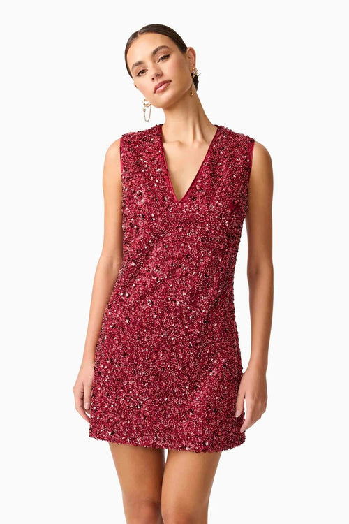 Sequin V-Neck Shift Mini Dress - Berry