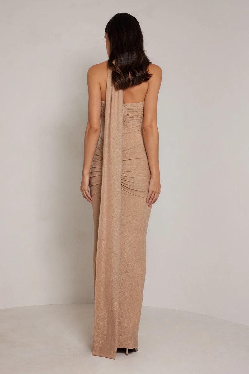 Strapless Ruched Dress with Sash - Gold