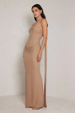 Strapless Ruched Dress with Sash - Gold
