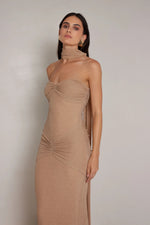 Strapless Ruched Dress with Sash - Gold