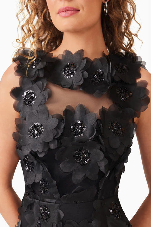 Embellished Textured Floral Midi - Black