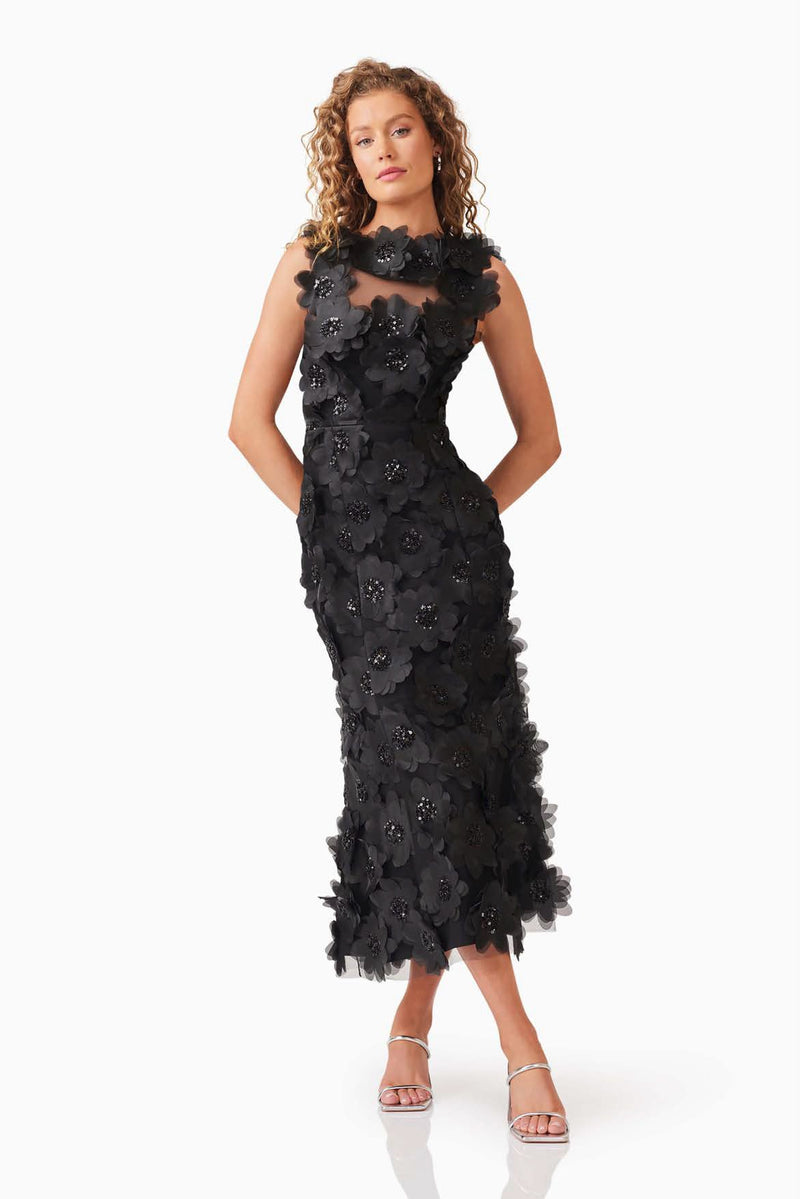 Embellished Textured Floral Midi - Black