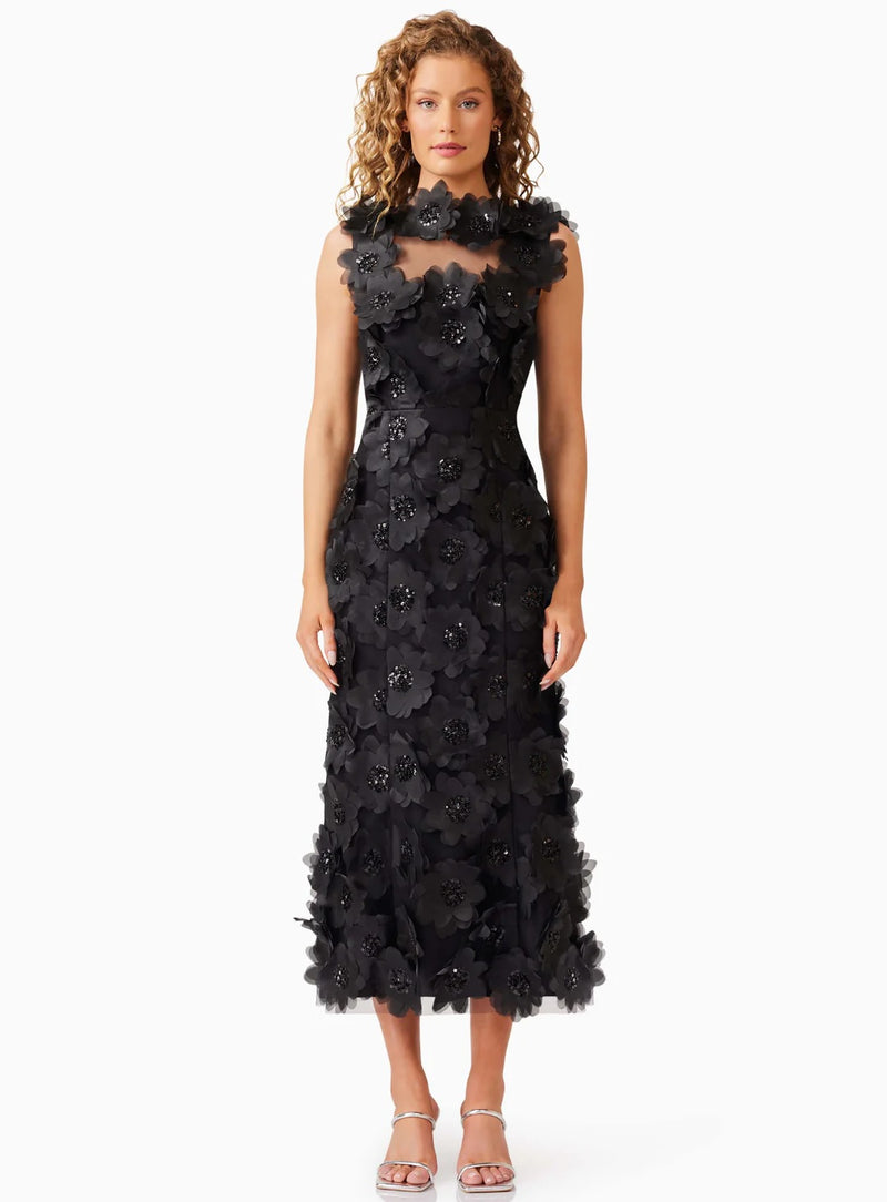 Embellished Textured Floral Midi - Black