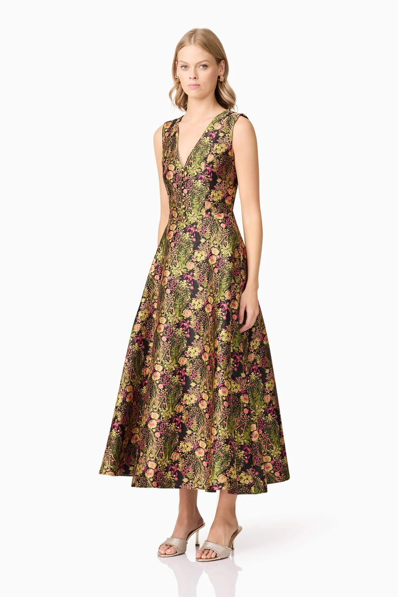 Jacquard Floral V- Neck Gown - Black Mixed