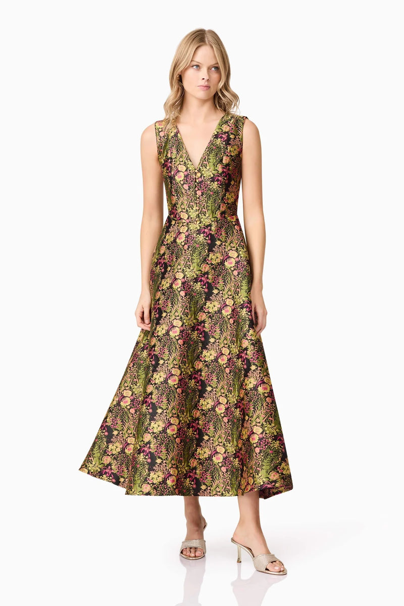 Jacquard Floral V- Neck Gown - Black Mixed