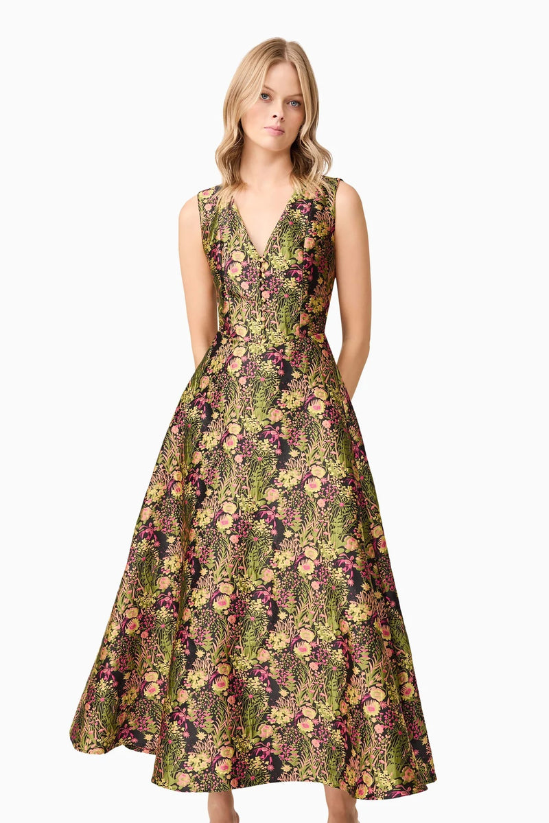 Jacquard Floral V- Neck Gown - Black Mixed