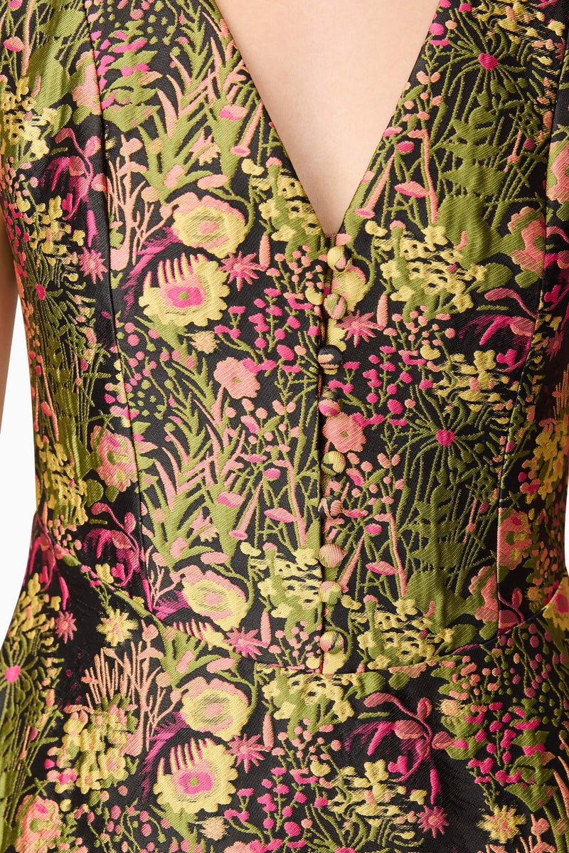 Jacquard Floral V- Neck Gown - Black Mixed
