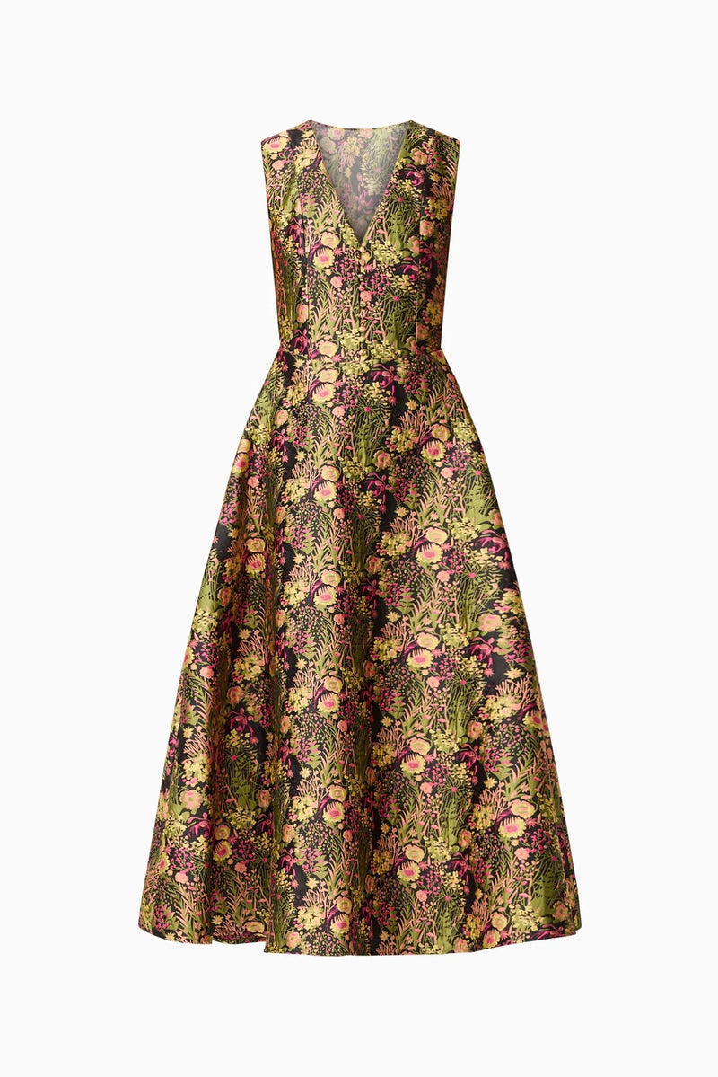 Jacquard Floral V- Neck Gown - Black Mixed