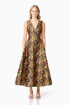 Jacquard Floral V- Neck Gown - Black Mixed