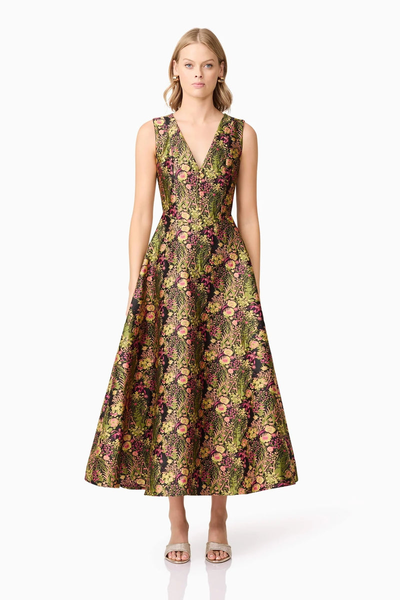 Jacquard Floral V- Neck Gown - Black Mixed