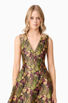 Jacquard Floral V- Neck Gown - Black Mixed