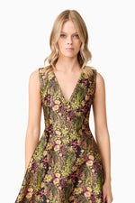 Jacquard Floral V- Neck Gown - Black Mixed
