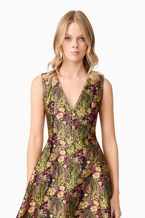 Jacquard Floral V- Neck Gown - Black Mixed