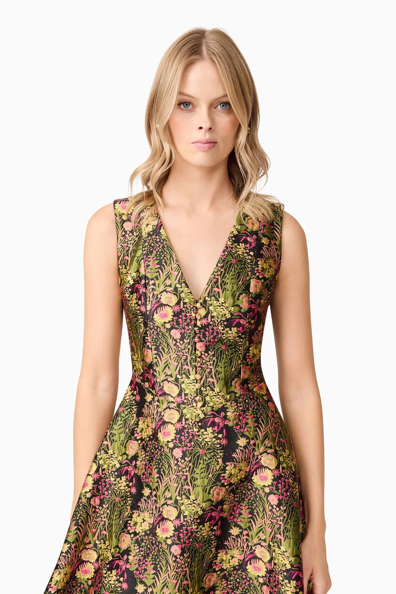 Jacquard Floral V- Neck Gown - Black Mixed