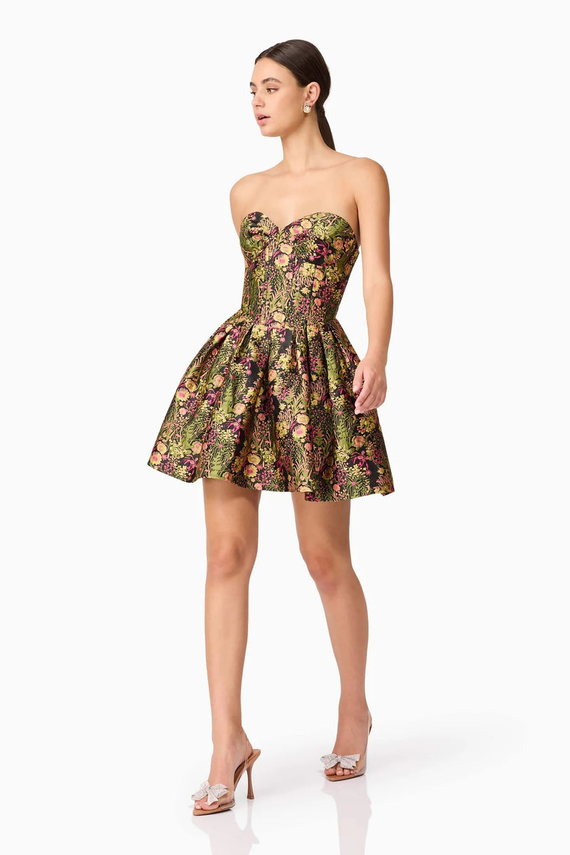 Jacquard Floral Strapless Mini Dress - Black Mix