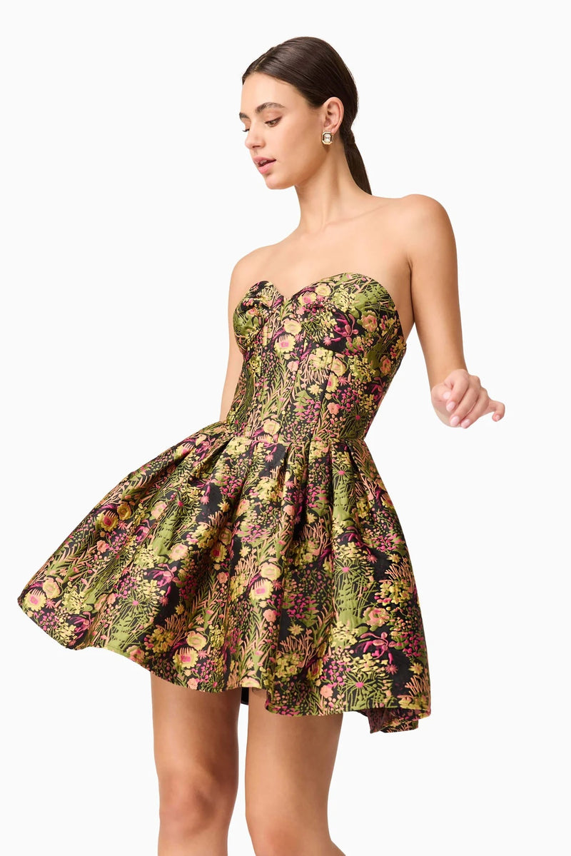 Jacquard Floral Strapless Mini Dress - Black Mix