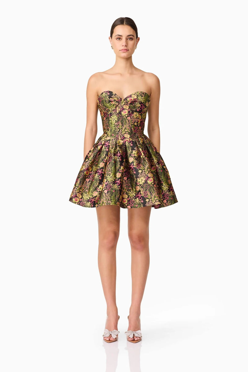 Jacquard Floral Strapless Mini Dress - Black Mix
